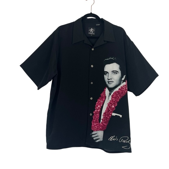 Elvis Presley Black Hawaiian Lei Button Down Shirt w/ Embroidered Signature LG - Picture 1 of 9